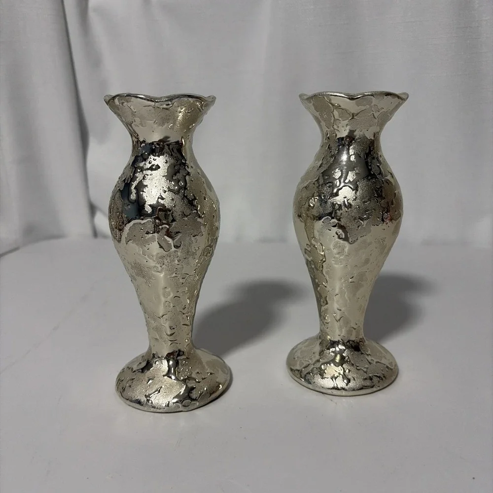 Two Vintage Weeping Gold Textured Bud Vases Mid Century Modern